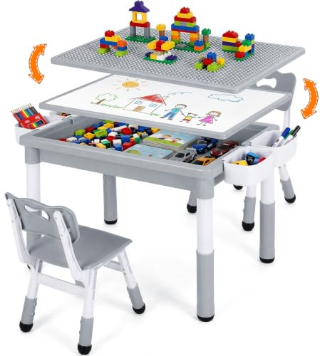 MAMIZO Kindertisch mit 2 Stühlen, kindertisch stauraum & Wendeplatte,Grau | Tisch Stuhl höhenverstellbar & 88 x 63cm Graffiti-Tischplatte & Baustein Tisch Stuhl Set ,Aktivitätstisch Kinderzimmer Schule