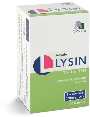 Avitale L-Lysin Tabletten, 750 mg L-Lysin (pro Tagesdosis 3000mg), 90 Stück | L-Lysin: Essenzielle Aminosäure, die der Körper nicht selbst bilden kann und über die Nahrung aufnehmen muss, optimal dosiert