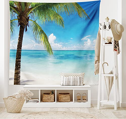 ABAKUHAUS Ozean Wandteppich und Tagesdecke, Exotische Strand-Küstenlinie aus Weiches Mikrofaser Stoff Waschbar ohne Verblassen Digitaldruck, 230 x 140 cm, Grün Weiß