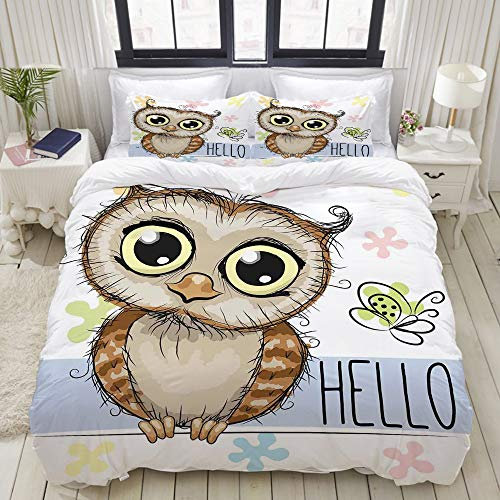 PENGTU Bedding Bettwäsche-Set,Eulen-Karikatur-Schmetterling Hallo Print,Mikrofaser Bettbezug und Kissenbezug - (135 x 200 cm)