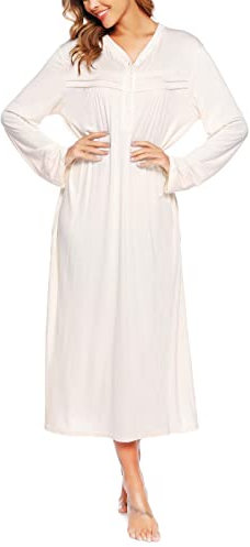 Vlazom Women's Nightgowns V Neck Sleep Shirt Long Sleeve Soft Nightdress Sleepwear Loungewear, White, M