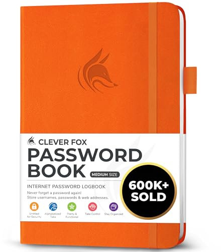 Clever Fox Passwortbuch mit Registerkarten - Adress- und Passwort-Organisationsbuch mit alphabetischen Registerkarten - Mittelgroßes Passwortbuch für Computer- und Website-Logins, Orange