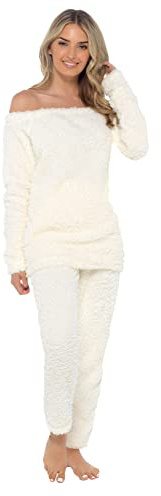 Lora Dora Womens Luxury Teddy Bear Fleece Lounge Set Ladies Off Shoulder Top Lounge Pants Cream L/UK 16-18