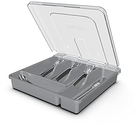 QINOL Besteckkasten für Schubladen mit Deckel, Tragbar Kunststoff schubladen organizer mit Abnehmbarem PVC-Deckel, Schutz vor Staub küche Kunststoffablage für Besteck, 5 Fächer, Grau