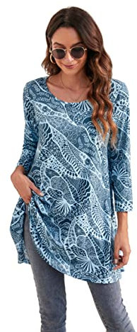 Enmain Damen Tunika Top 3/4 Langarm Blusen Tuniken Longline Bluse Longshirt Casual Elegante Rundhals Swing Tunika Tops für Damen Blau