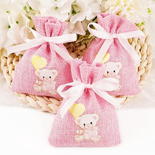 24 Pcs Jute Kordelbeutel 8 x 10cm Rosa Jute Säckchen mit Baby Bär Bügelbilder Muster Kleine Kordelzugtaschen für Babyshower Partydeko Babydusche Taufe Gastgeschenk usw.