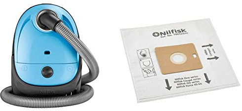 Nilfisk Aspirador De Trineo Básico One, Pequeño, Filtro Epa O Hepa, 3 L De Capacidad, Azul Claro + 78602600 Bolsas Aspiradoras Y Prefiltros, Blanco, Paquete con 5 Unidades
