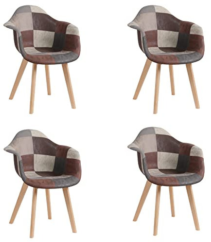 GrandCA HOME 4er-Set Esszimmerstühle mit Armlehne, Vintage-Küchenstühle, Sessel, Massivholzbeine und Patchwork-Stoffsitz, für Schlafzimmer, Wohnzimmer, Esszimmer und Küche(braun)