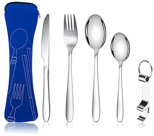 XOPOZON® Lot de 5 Couverts de Camping, Ensemble de Couverts Transportables, Couverts en Acier Inoxydable avec Sac en Néoprène Idéal pour les Voyages le Bureau et le Camping (Bleu)