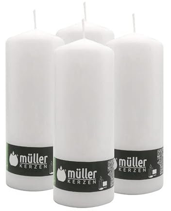 ﻿Müller Große Stumpenkerzen – Set 4 Stück - Kerzenfarbe Weiß – 78 x 200 mm – Lange Brenndauer 80 Stunden – Tropffreies Wachs – Geruchsneutral – RAL-Qualität