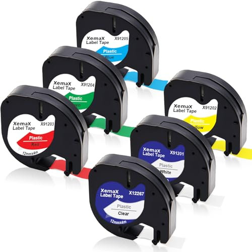 6x Etikettenband Ersatz für Dyno Letra Etikettenband 12mm x 4m 16951 91221 91222 91223 91224 91225 Etiketten Kunststoff Bänder für Beschriftungsgerät LT-100H 100T XR XM QX50 2000 200B 80