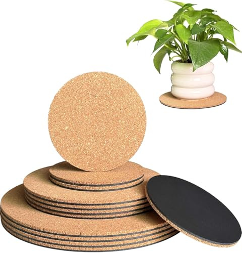 vensovo Cork Plant Coasters & Saucers 10/15.2/20.3 CM – Absorbent Round Mats for Indoor Flower Pots, Planters, House plants, Surface Protector for Table & Floor – 12 Pcs