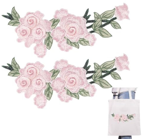 Flower Iron On Patches, 2 Pcs Embroidered Sew On Patches for Clothing Peony Embroidery Patches Iron On Flower Patches(Pink)