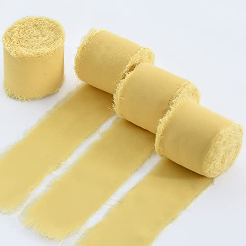 TONIFUL 4 Rollen Seiden-Chiffonband, 3.8 cmx22 m, cremegelbe Chiffonbänder, handgefertigtes Fransen-Seidenband, ausgefranste Kanten für Geschenkverpackungen, Brautsträuße, Dekoration, Handwerk