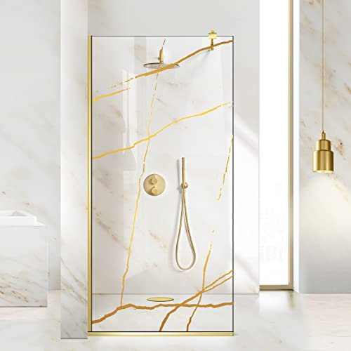Paroi de douche Aqua Roy Gold modèle Marble Golden, taille 120 cm à partir de 70/80/90/100/110/120, écran de douche à l'italienne, verre transparent de 8 mm, avec motif sablé nano-enduit (120 x 195
