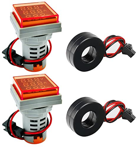 GUUZI 2pcs Display a Tre Cifre Corrente Alternata 20-500V, Tensione 0-100 A, Indicatore Frequenza 20-70 Hz, Monitor Strumento di Misurazione Multifunzione a LED a Testa Quadrata da 22mm (Rosso)