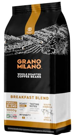Grano Milano Breakfast Blend Coffee Beans 1kg, Blonde Roast | Intensity 2/5, Full-Bodied, 100% Arabica, Made in Italy, Packaging May Vary