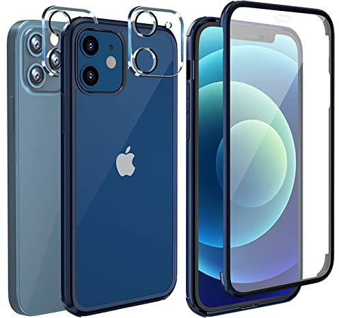 Leedia 360 Grad Handyhülle Kompatibel mit iPhone 12 Hülle + 2 Kameraschutz Ganzkörper Eingebauter Glas Displayschutzfolie Schutzhülle Transparent Clear Case für iPhone 12 Pro / 12 6.1 Blau