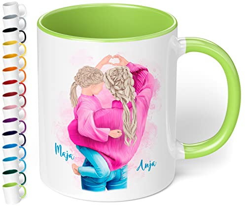 Mama-Tochter-Tasse personalisiert mit Namen & Aussehen „Mutter mit Tochter im Partnerlook“ – Kaffeetasse | Geschenkideen für die beste Mama - Geschenke zum Muttertag & Geburtstag (Hellgrün)