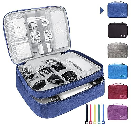 Lcsmaokin Electronics Travel Organizer, Large Double Layer Portable Waterproof Travel Organizer Bag for Charging Cable Storage, Ipad, Power Bank, Hard Drive etc, for Travel, Business ,5pcs Cable