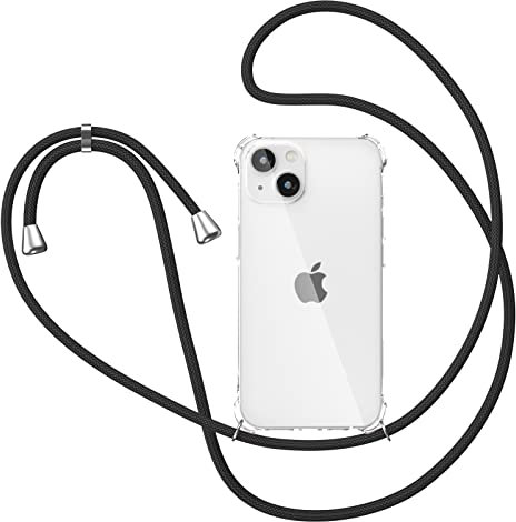 XTCASE Handykette für iPhone 13 Mini Hülle mit Band, Transparent Silikon Handyhülle für iPhone 13 Mini mit Kette Stossfest Schutzhülle - Schnur mit Case zum Umhängen in Schwarz
