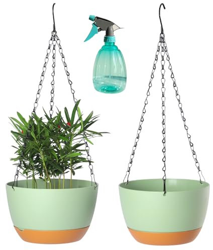 Lookat 2 Pack Plastic Hanging Planters 10 Inch Hanging Pots with Drainage Hole for Indoor Outdoor Plants, Round Hanging Basket with Removable Tray for Home Garden Porch Balcony Patio Decor