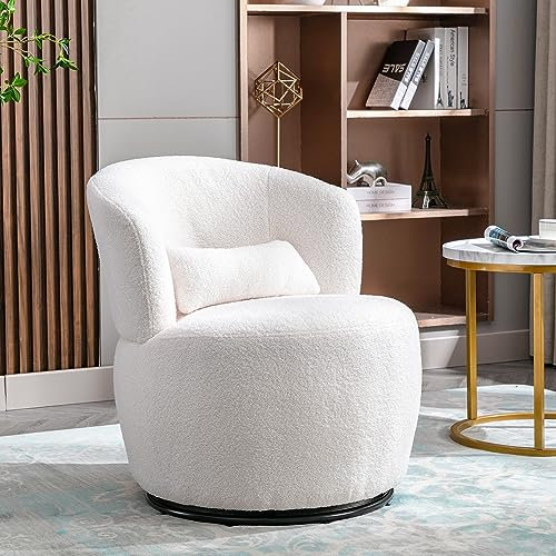 Fauteuil de relaxation pivotant avec coussin lombaire et pied en métal pivotant - Pour chambre à coucher, salon, coiffeuse - Tissu peluche Teddy blanc - Charge maximale : 100 kg