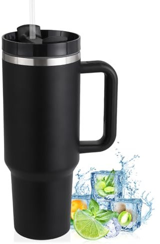 Praoahei 40oz Thermobecher mit Strohhalm und Henkel,1180 ML Doppelwandiger Edelstahl Heiße Kalte Getränke Vakuum Trinkbecher,Kaffeebecher für Zuhause Reisen Schwarz