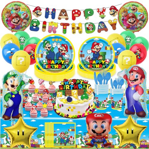 135 Stück Super Geburtstag Deko, Kindergeburtstag Mädchen Junge Party Geschirr mit Teller Tassen Tischdecke Servietten Deko Set für 10 Personen