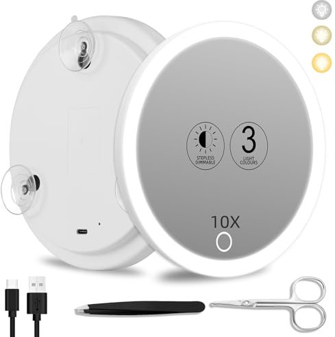 Suupvaor Miroir grossissant 10x avec lumière, 3 Modes de Couleurs, 15cm, éclairé, Miroir grossissant 10x avec 3 ventouses, Miroir grossissant de Voyage 10x, Miroir de Maquillage à Fort grossissement
