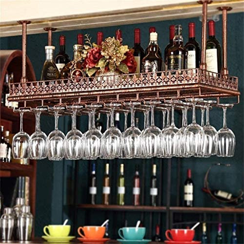 DameCo Portabottiglie in ferro da soffitto, altezza regolabile, supporto per bottiglia di vino appeso a soffitto, rack per bicchieri da champagne capovolto, calici calici, decorazione per la casa