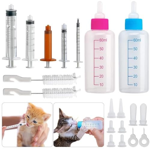 DONQL Puppy Nursing Bottle Kit, 2pcs 60ml Pet Feeding Dispenser Tool, Kitten Nipple Syringe, Pet Syringe Feeding Kit with with Replacement Nipples for Newborn Kittens, Puppies, Rabbits, Small Animals