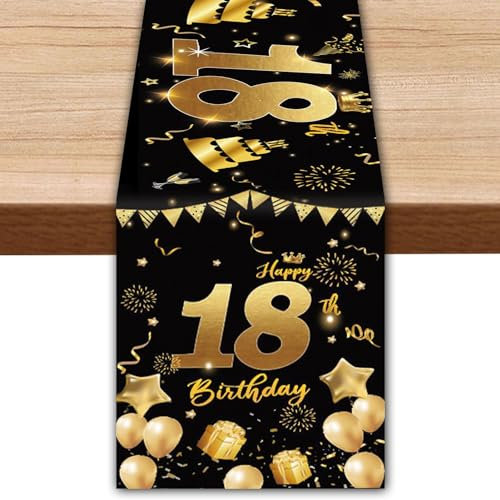 Schwarz Gold Geburtstag Tischläufer,Happy 18th Birthday Tischband,Alles Gute zum Geburtstag 18.Tischläufer,Deko 18. Geburtstag,Tisch Deko für Mädchen Jungen Geburtstag Party Dekoration,35x180cm