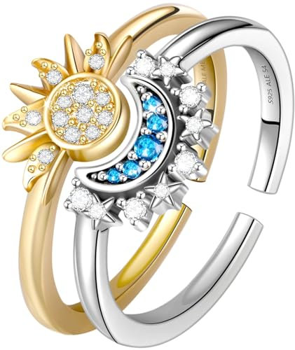 Verstellbar Sonne Mond Ring Set, Ringe Frauen Silber 925, Himmlische Sonne Ring Gold und Mond Matching Rings, Sun and Moon Rings Set Damenring Dupes Schmuck Geschenk für Frauen Valentinstag