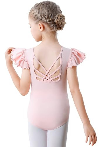 Aiseyi Ballettkleidung Mädchen Ballett Trikot Kinder Rüsche Kurzarm Turnanzug Baumwolle TanzBody Ballettanzug mit Kreuzrücken Rosa 120