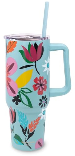 kate spade new york Trinkbecher mit Griff und Strohhalm, doppelwandiger Edelstahl-Isolierbecher, Becherhalterfreundlich, 1,2 l, Metall-Trinkbecher für heiße oder kalte Getränke (Safari-Blumenmuster)