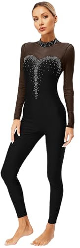 Fldy Damen Ganzkörper Turnanzug Langarm Mesh Patchwork Ganzkörperanzug Gymnastik Tanz Trikot Ballett Body Eislaufen Tanzkleidung Schwarz_B L