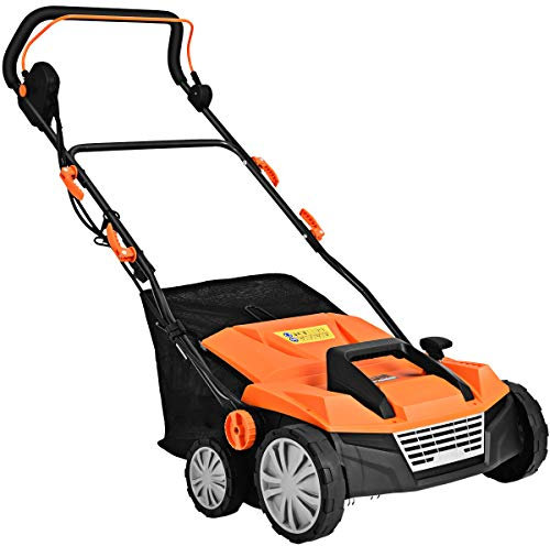 GOPLUS 2 in 1 elektro Vertikutierer Rasenlüfter, 2/3-stufige Arbeitstiefe einstellbar, 32/38 cm Arbeitsbreite, 30/45L Fangkorb, inkl.Messerwalze und Vertikutierwalze(Orange, 1800W-114 x 58 x 86-104cm)