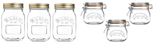 Kilner Set of 3, 0.5 Litre Round Glass Screw Top Lid Preservation Storage Jars & Set of 3 Clip Top Round Jars, 0.5 Litre, Orange
