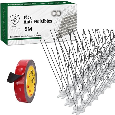 Picpige Dissuasores de Palomas - 5 Metros - Pinchos en Acero Inoxidable - 5M Cinta Adhesiva Incluida - 20 Unidades - Anti Palomas para Balcón, Tejado, Valla - (20x25cm)