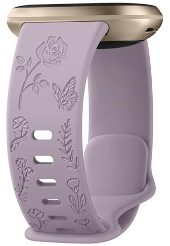 Oumida Armband für Fitbit Versa 3 Armband/Fitbit Versa 4 Armband/Fitbit Sense Armband/Fitbit Sense 2 Armband für Damen und Herren, Weiches Silikon Armbänder mit Blumengravur (Violett)