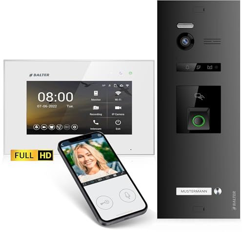 Balter EVO-HD Video Türsprechanlage mit Fingerprint, Video Türklingel, Smartphone App,1 Familienhaus, 1x 7 Zoll Monitore, Türklingel mit Kamera Full HD, 2 Draht Bus, 175° Weitwinkel, RFID,1080P