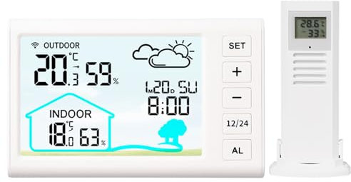 Pumwoy Station Météo Sans Fil 7 Langues(Français), Station Méteo Numérique avec Prévisions Météo, Thermomètre Hygromètre, Réveil Numérique Somnoler, Affichage Heure Date Jour, Calendrier 12/24H