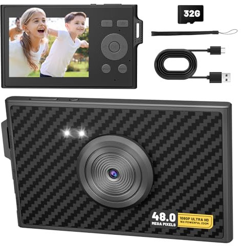 FKATEEN Fotocamera digitale, FHD 1080P per bambini, zoom 16x, anti-vibrazione, 48 MP, compatta, portatile, ultra sottile, regalo per bambini, studenti, ragazzi, con scheda SD da 32 GB