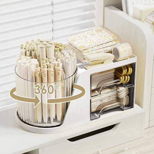 Foyucool 360° Rotating Desk Organizer with 2 Drawers, Multi-Functional Pen Holder, Desk Tidy Organiser, Makeup Brush Organizer with 6 Slots Organizer + 2 Drawers, for Office, Cosmetics, School, White