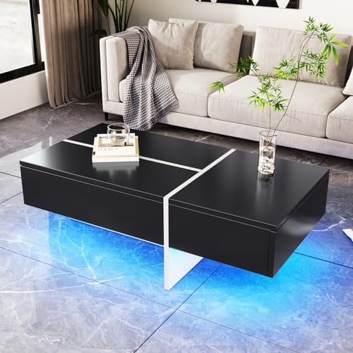 Moderner Hochglanz-Couchtisch mit LED-Beleuchtung 100x50x34,5cm, rechteckiger Wohnzimmertisch mit 3 Schubladen, Kaffeetisch/Sofatisch geeignet für Wohnzimmer oder Büro (schwarz)