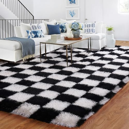 BYBSRLL Kariert Hochflor Teppich Schwarz Weiss Teppiche Wohnzimmer 180x270 Antirutsch Waschbare Große Weich Flauschig Schlafzimmer Teppich Kinderzimmer Mädchen Jungen, Langflor Bettvorleger