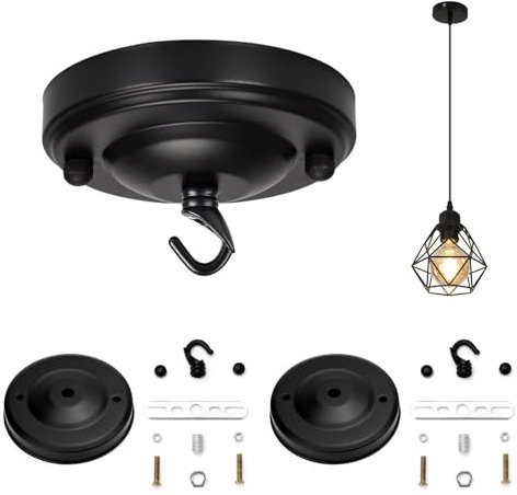 Rosone Lampadario Soffitto Metallo Nero, 2pcs Gancio per Rosone a Soffitto, Lampada a Piastra a Gancio, Gancio Soffitto, Accessori per Lampade a Sospensione Multiuso, per Lampadari Cestini di Fiori