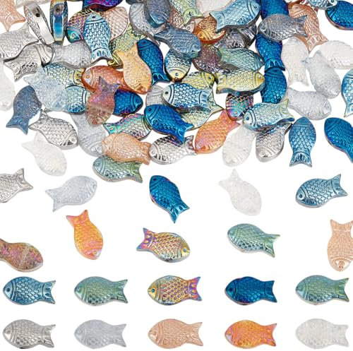 SUNNYCLUE 1 Box 100 Stück 10 Farben Galvanisierte Glasperlen Fischperle Geschnitzt Sommerlich Bunt Süße Fischglas Perle Meerestier Perle Zum Basteln DIY Schmuck Schlüsselanhänger Armband Halskette Per