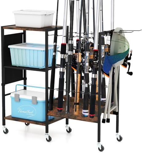 COSTWAY Rutenhalter mit Rollen, Angelrutenhalter mit 3 Ebenen Regal & 2 Haken & Tasche, Rutenständer Angelständer zur 12 Ruten und Angelgeräten